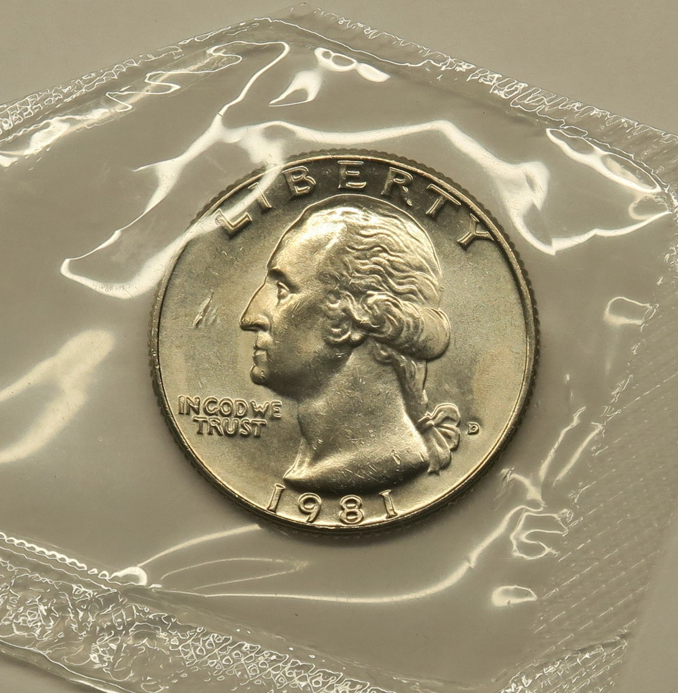 1981 D Uncirculated Washington Quarter in Mint Cello, 