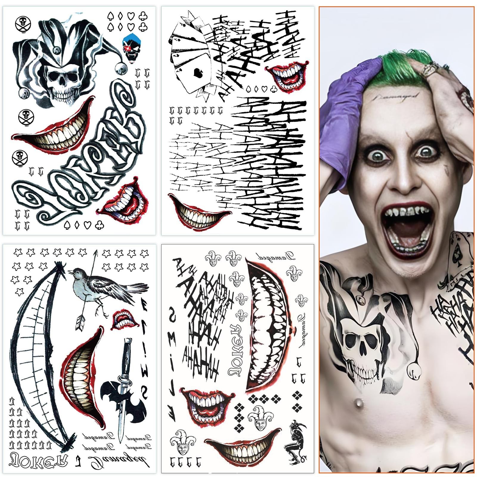 Joker Tattoos 4 Sheets, Halloween Temporary Large, Green, White, Red