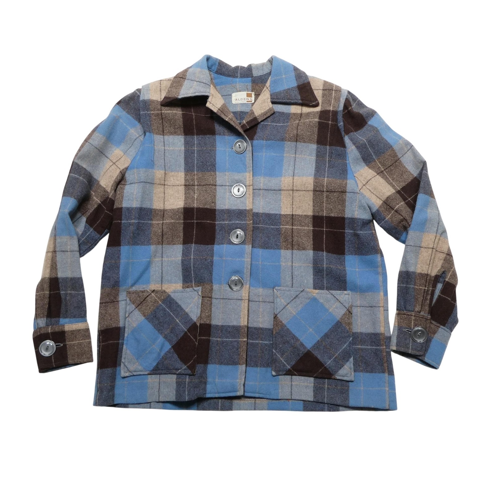 Vintage Aldens Jacket Womens L Blue Plaid Wool Flannel Button Pockets Barn