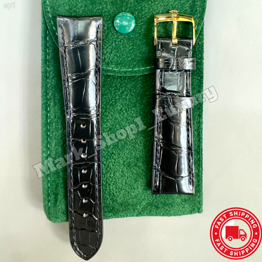 ROLEX Black Leather Band 20mm With Rolex Gold Buckle NOS Pre-Owned