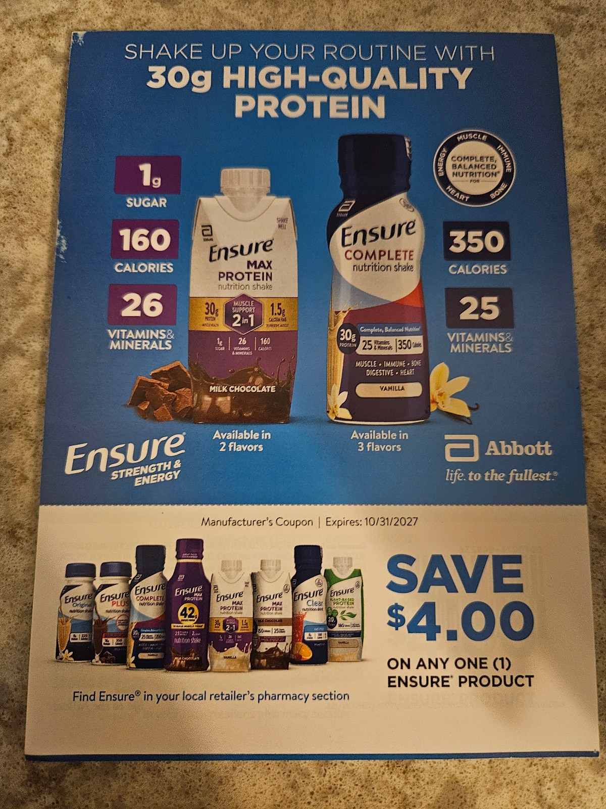 ENSURE Coupon Lot Save $4.00 each x 25 coupons, exp. 10/31/2027