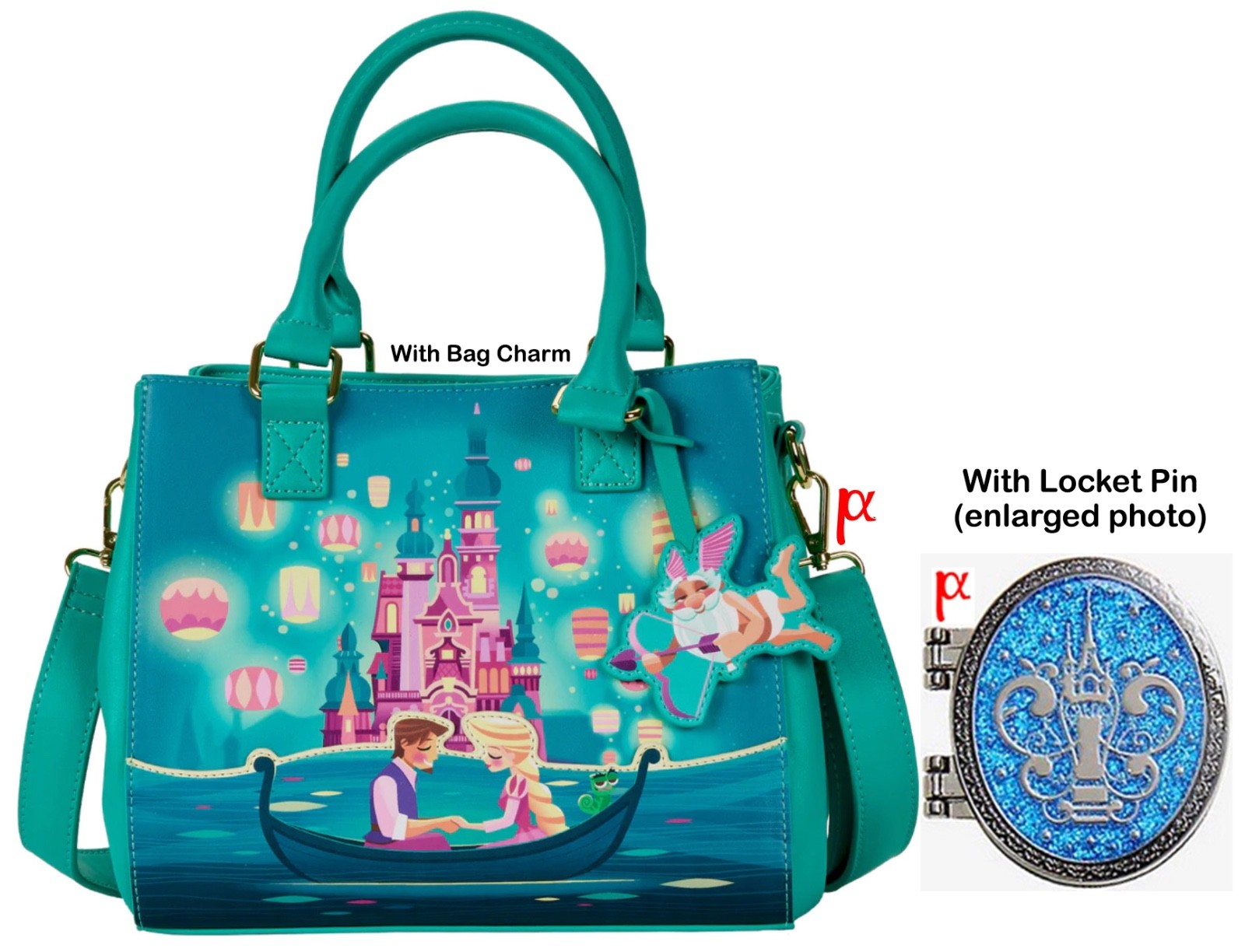 Loungefly Disney Tangled Rapunzel & Flynn Castle Cupid Satchel Bag & Locket Pin
