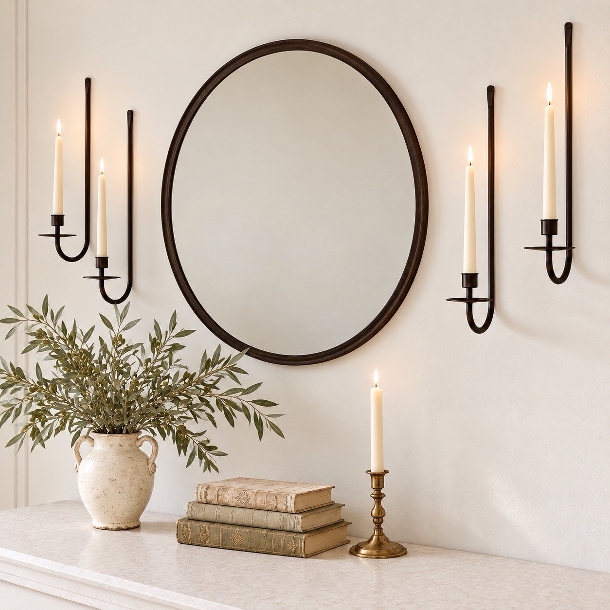Two Black Hand Forged Wrought Iron Taper Candle Wall Sconces Drip Tray 16.5”