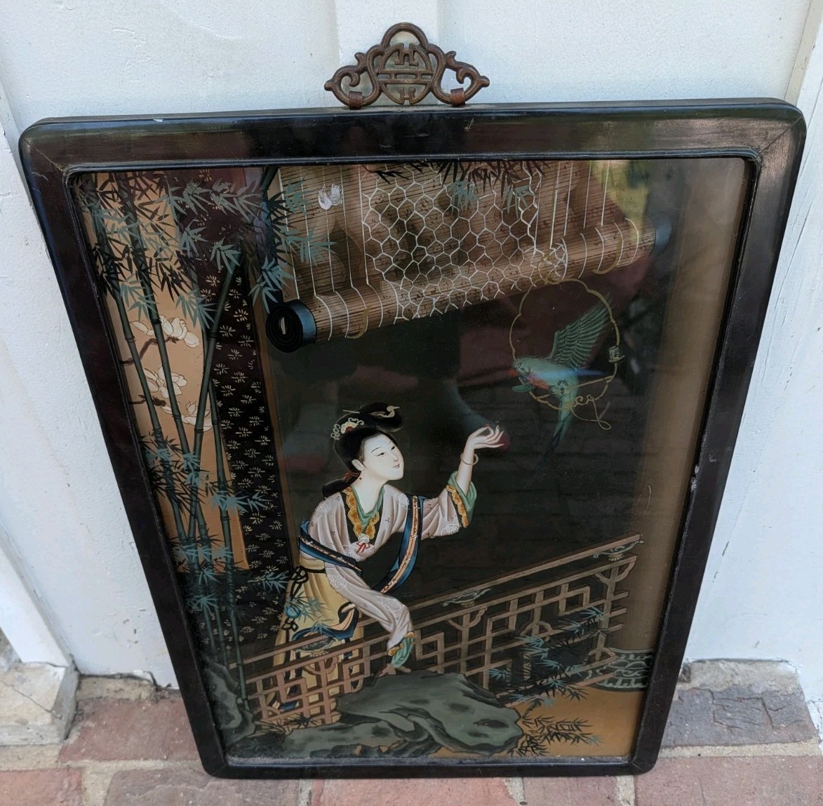 Vintage Chinese Reverse Painting on Glass Frame, Geisha W/ Bird On Balcony 23x17 Vintage Chinese Reverse Painting on Glass Frame, Geisha W/ Bird On Balcony 23x17