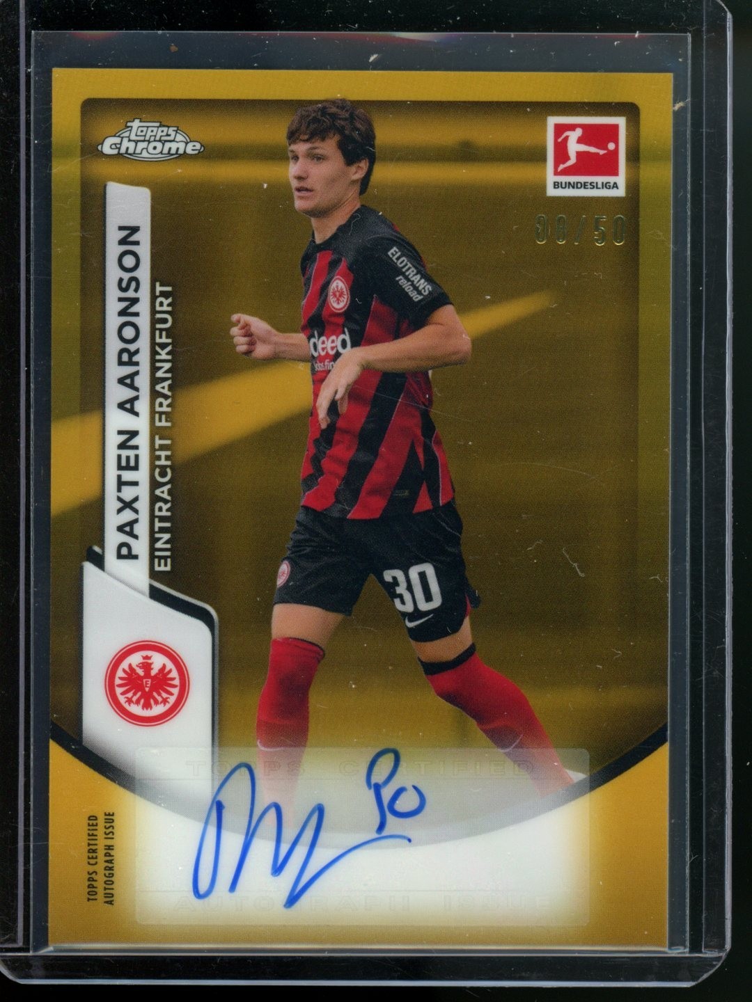 2023-24 Topps Chrome Bundesliga - Chrome Autographs Paxten Aaronson #BCA-PA Gold