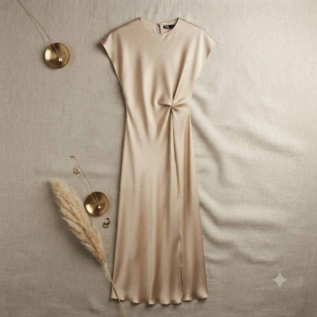 Zara Ruched Waist Satin Effect Midi Dress Women\'s Size S Beige Short Sleeve Slip Zara Ruched Waist Satin Effect Midi Dress Women\'s Size S Beige Short Sleeve Slip