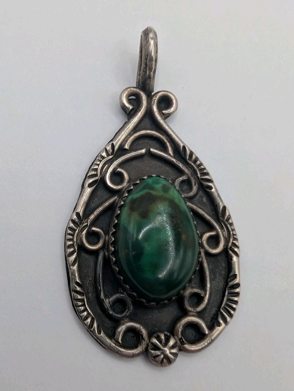 Vintage Sterling Silver Green Stone Pendant Artisan Southwestern