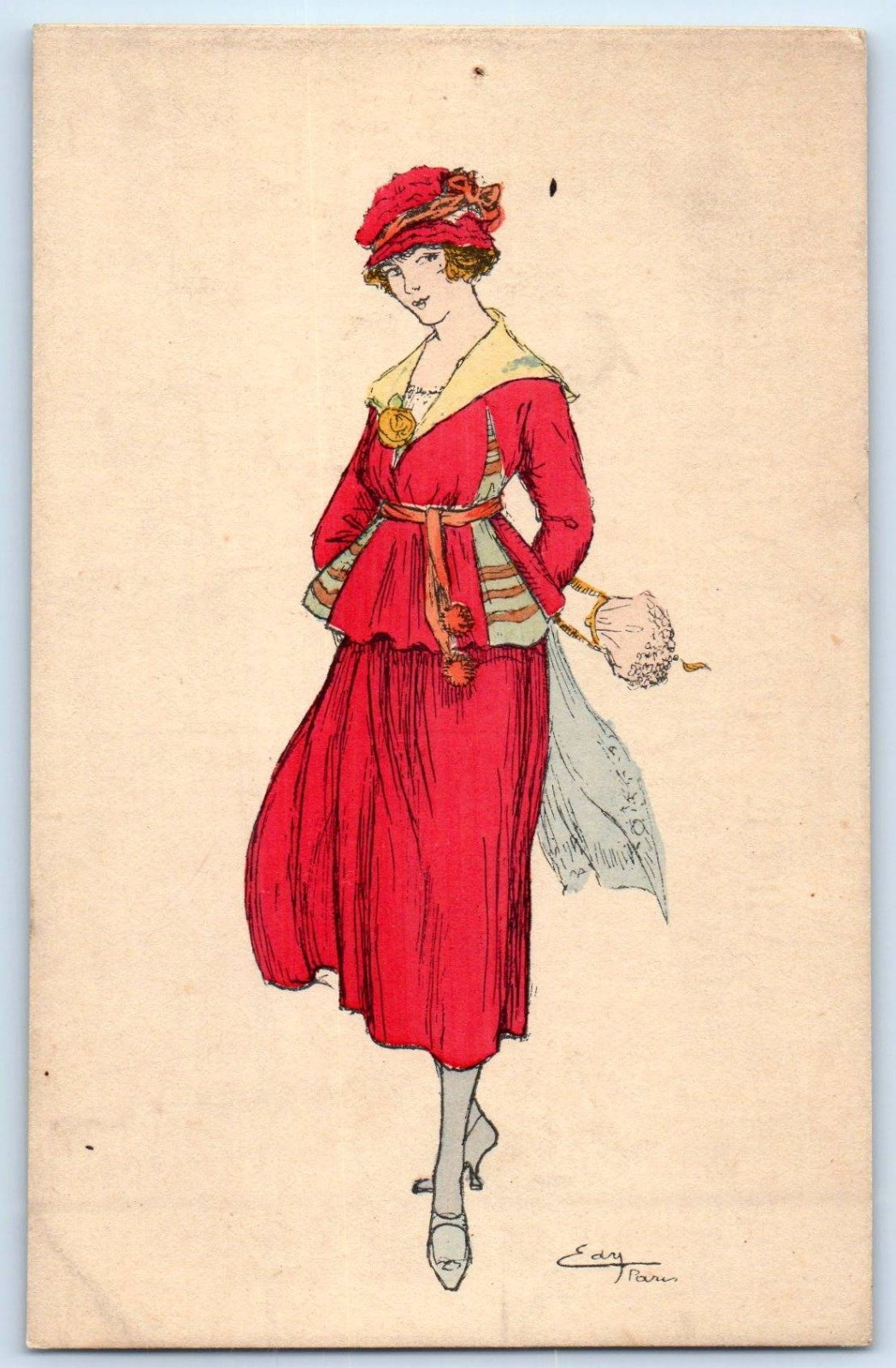 c1910\'s Pretty Woman Red Dress Hat Art Nouveau Edy Signed Artist France Postcard c1910\'s Pretty Woman Red Dress Hat Art Nouveau Edy Signed Artist France Postcard