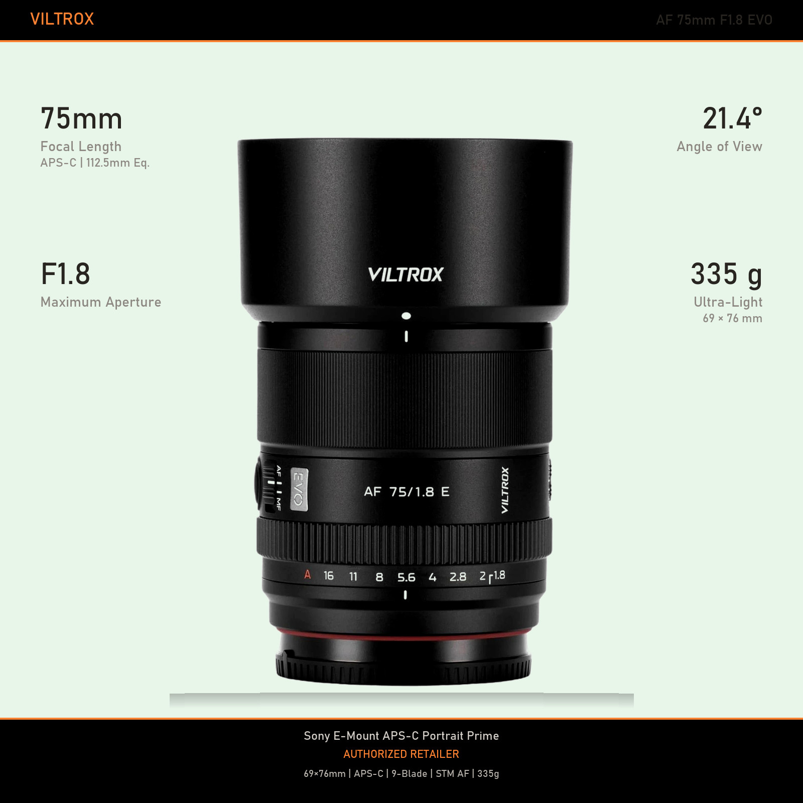 Viltrox AF 75mm F1.8 EVO Sony E Lens APS-C 335g Compact Telephoto