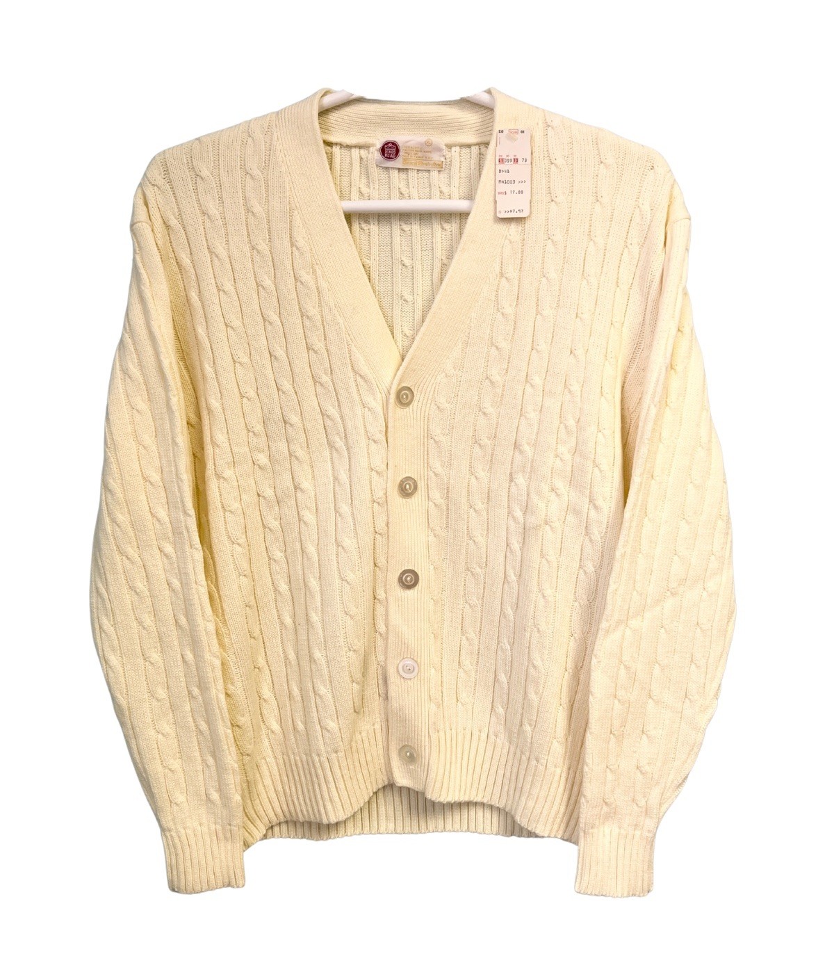 Vintage 60s Sears Kings Road Cable Knit Cardigan Sweater XL Cream Ivory NWT