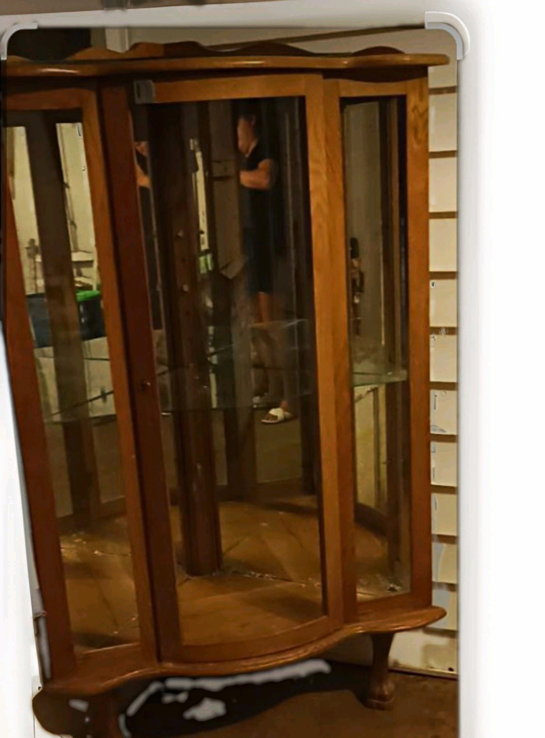Antique Oak Wood Curio Cabinet w/ Glass Door & Glass Shelves, 65in Tall