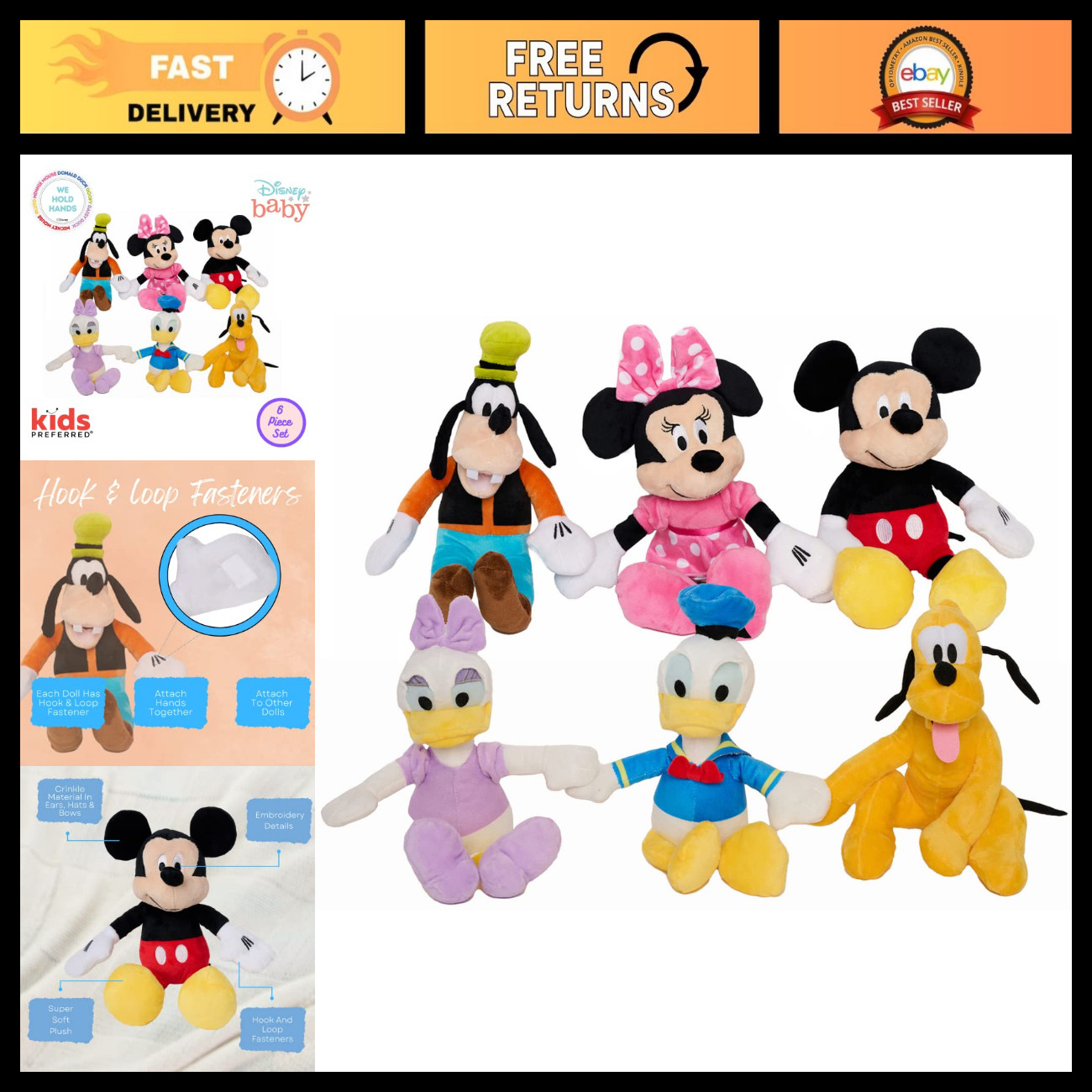 Disney Friends Plush Toys Set - 6 Pack Soft Stuffed Animals with Hand Fasteners