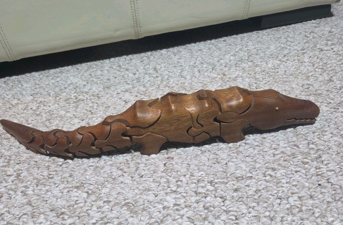 Handcrafted Wooden Interlocking 3D Alligator Puzzle, Peter Chapman Clock Inside 