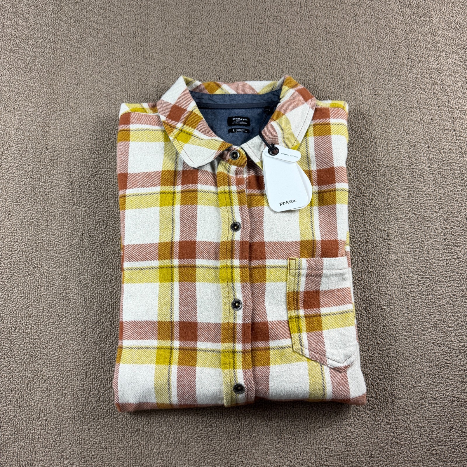 Prana Men\'s Cotton Long Sleeve Flannel Button Up Shirt Tan Plaid Size L NWT