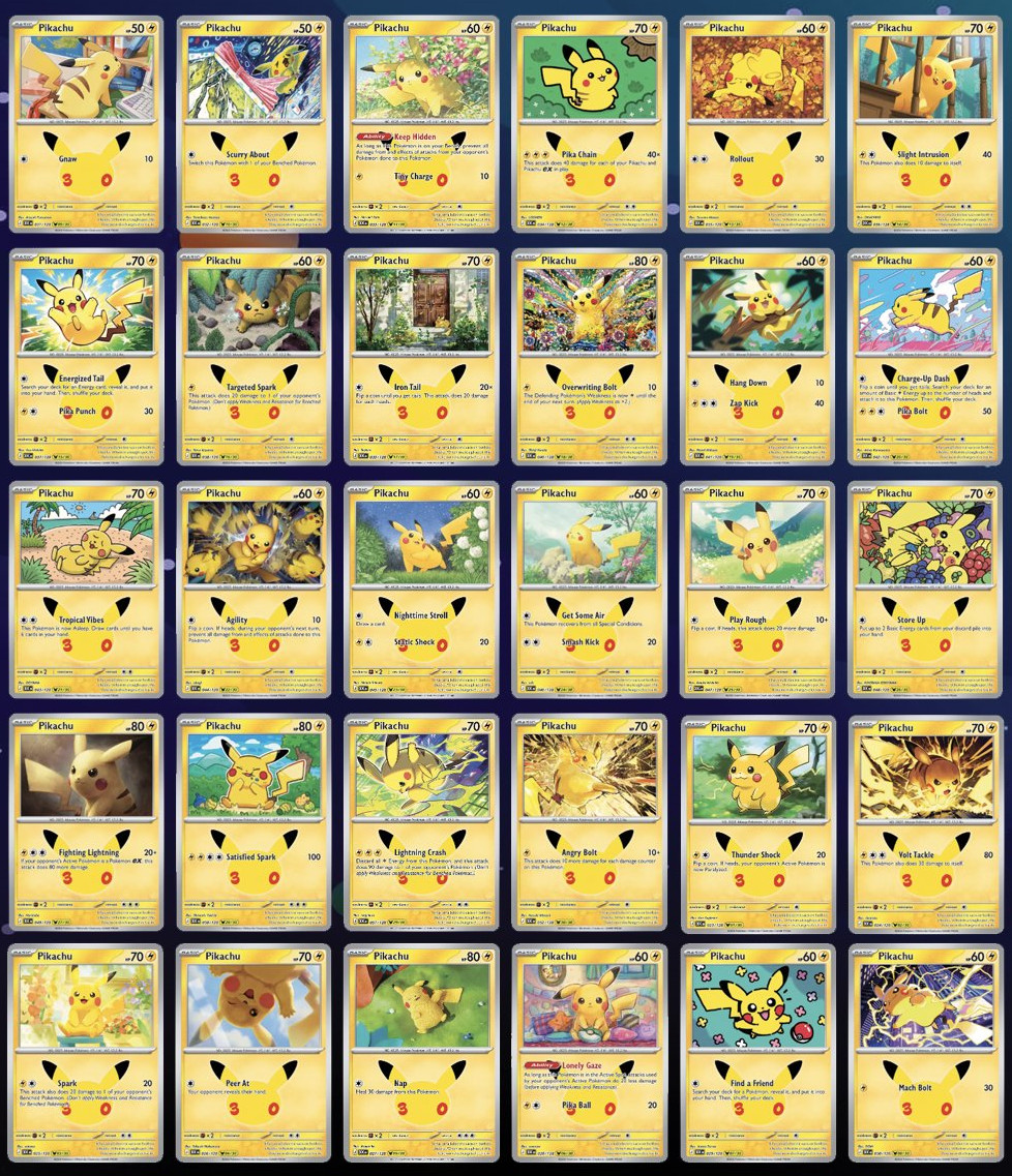 ENGLISH Pokemon TCG 30th Celebration Pikachu 1-30 Anniversary Complete Set