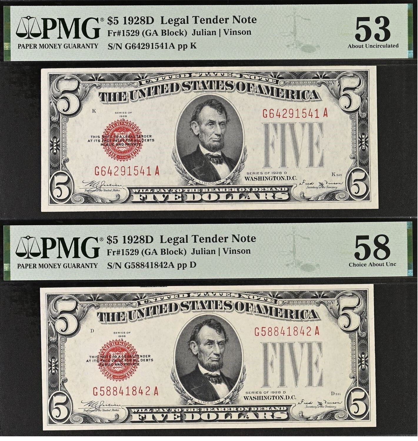 1928D $5 Legal Tender PMG 58 wanted KEY series 2-consecutive US Note Fr 1529