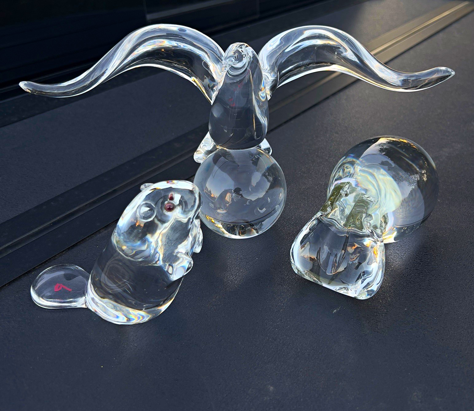 Vintage Steuben Clear Glass Eagle/Beaver Sitting On Globe Art Glass Set of 3