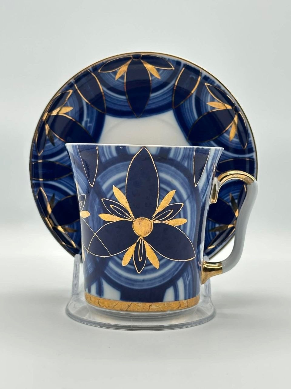 Vintage USSR LFZ Lomonosov Golden Lotus Cobalt Gold Porcelain Cup Saucer Set