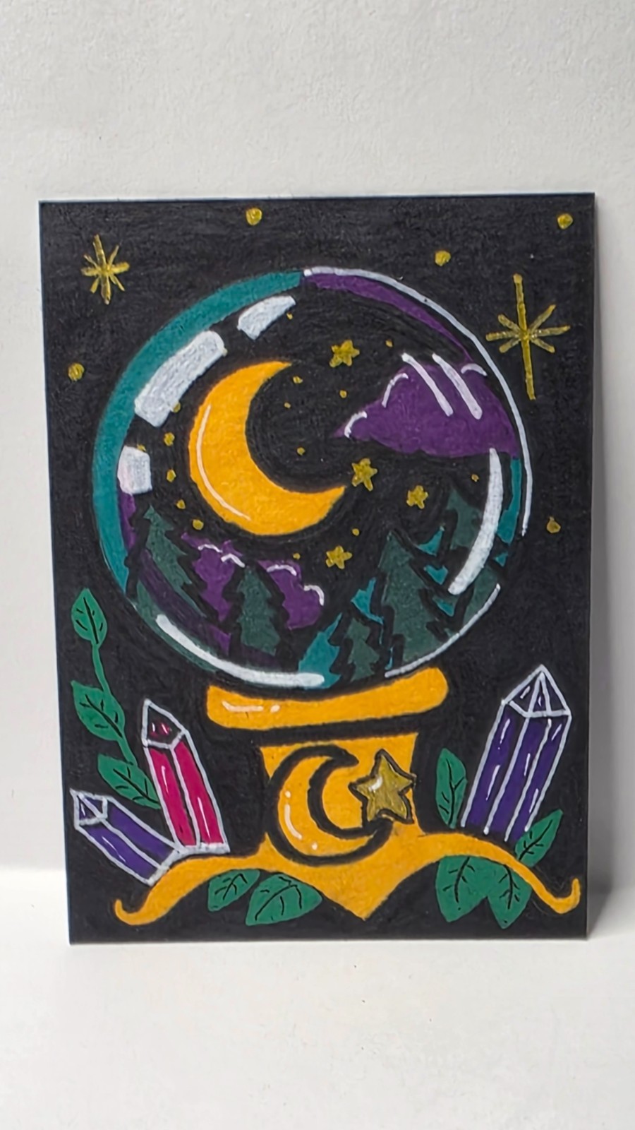 Original ACEO Art Card Whimsical Nature Moon Woodland Folk Art Hand Drawn 2.5x3.