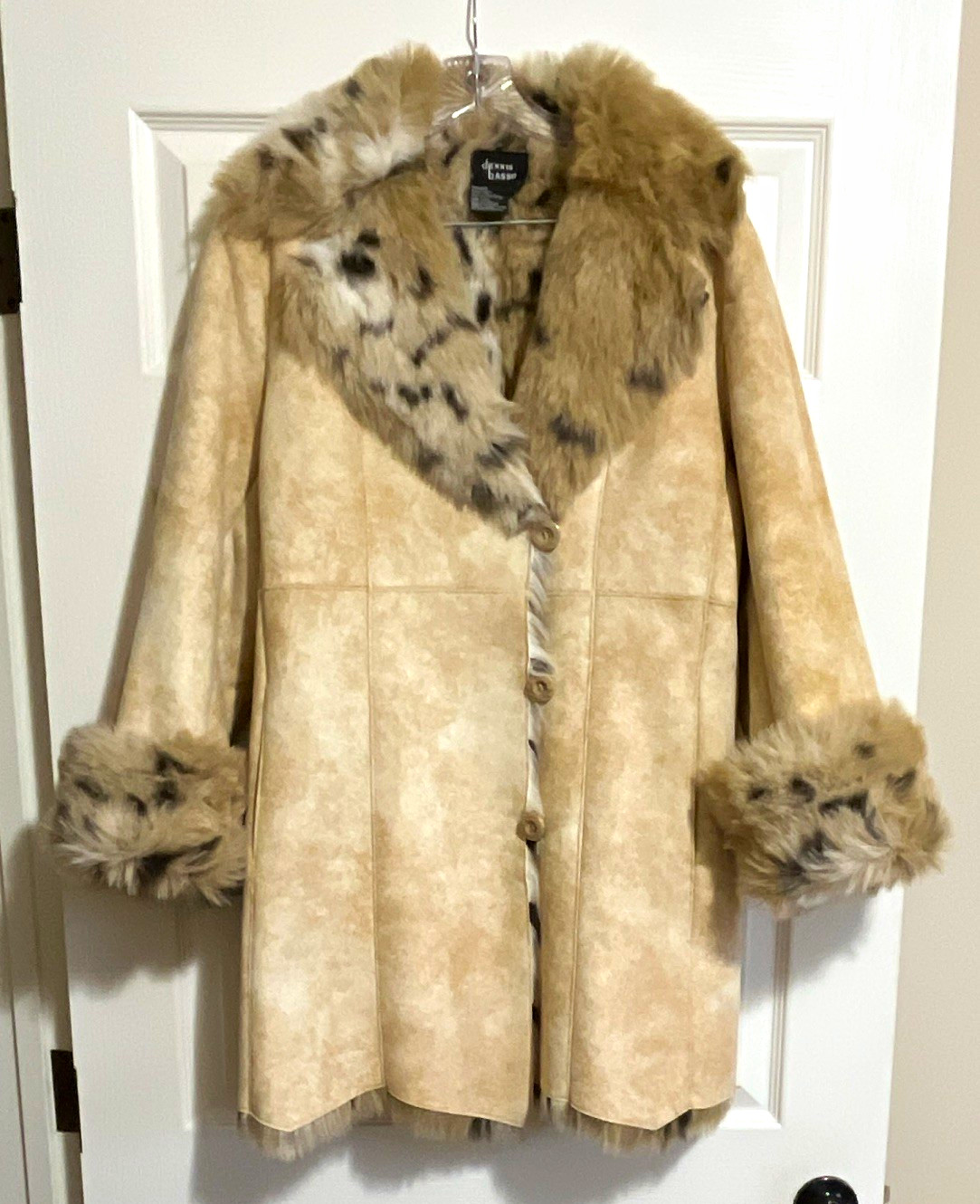 Dennis Basso Womens S Beige Faux Suede Animal Print Lined Coat Pockets Mid Y2K