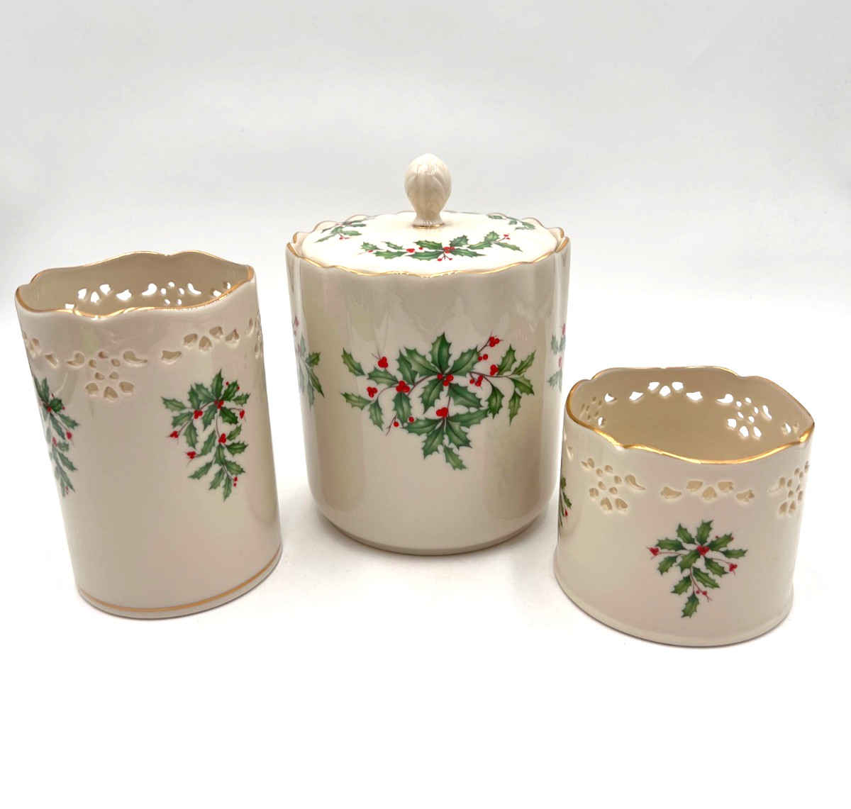 Lenox Holiday Porcelain Canister Treat Jar Pierced Wine Bottle Holder Set 3pc