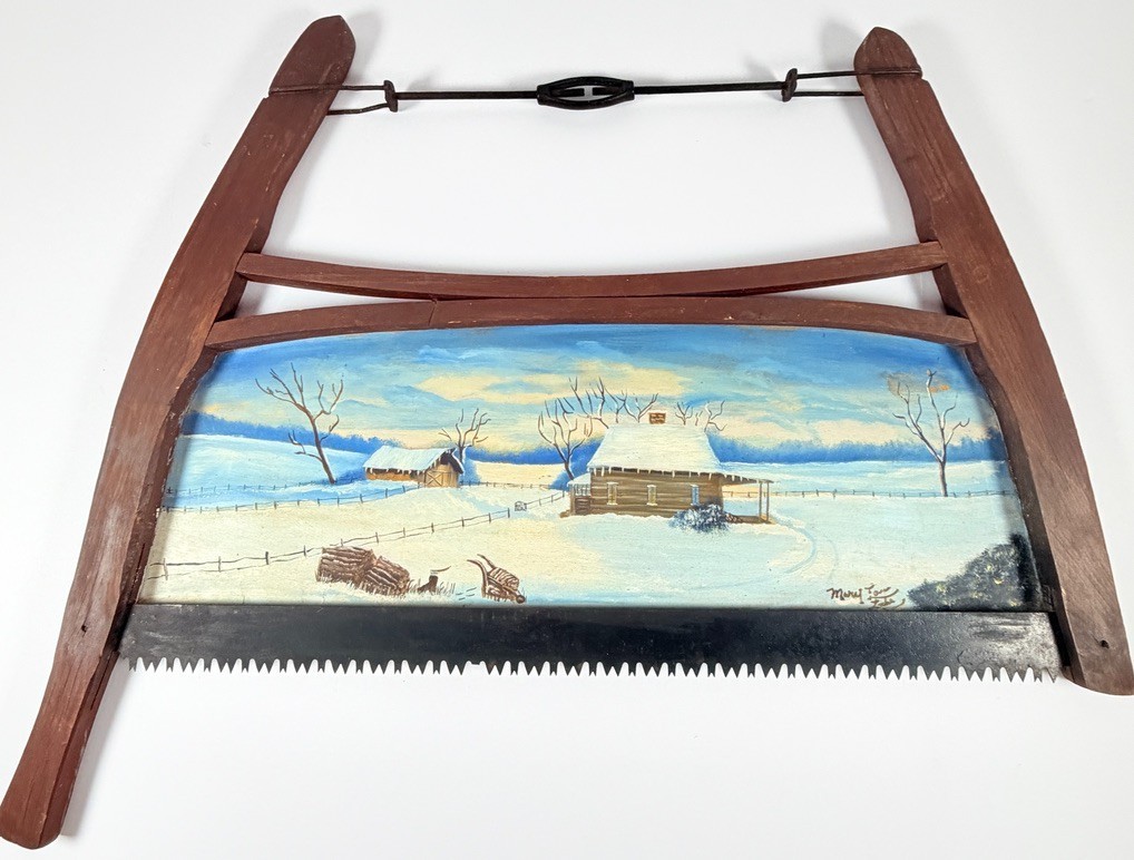 Vintage Hand Painted Buck Saw - Original Primitive Folk Art - Winter Farm Scene