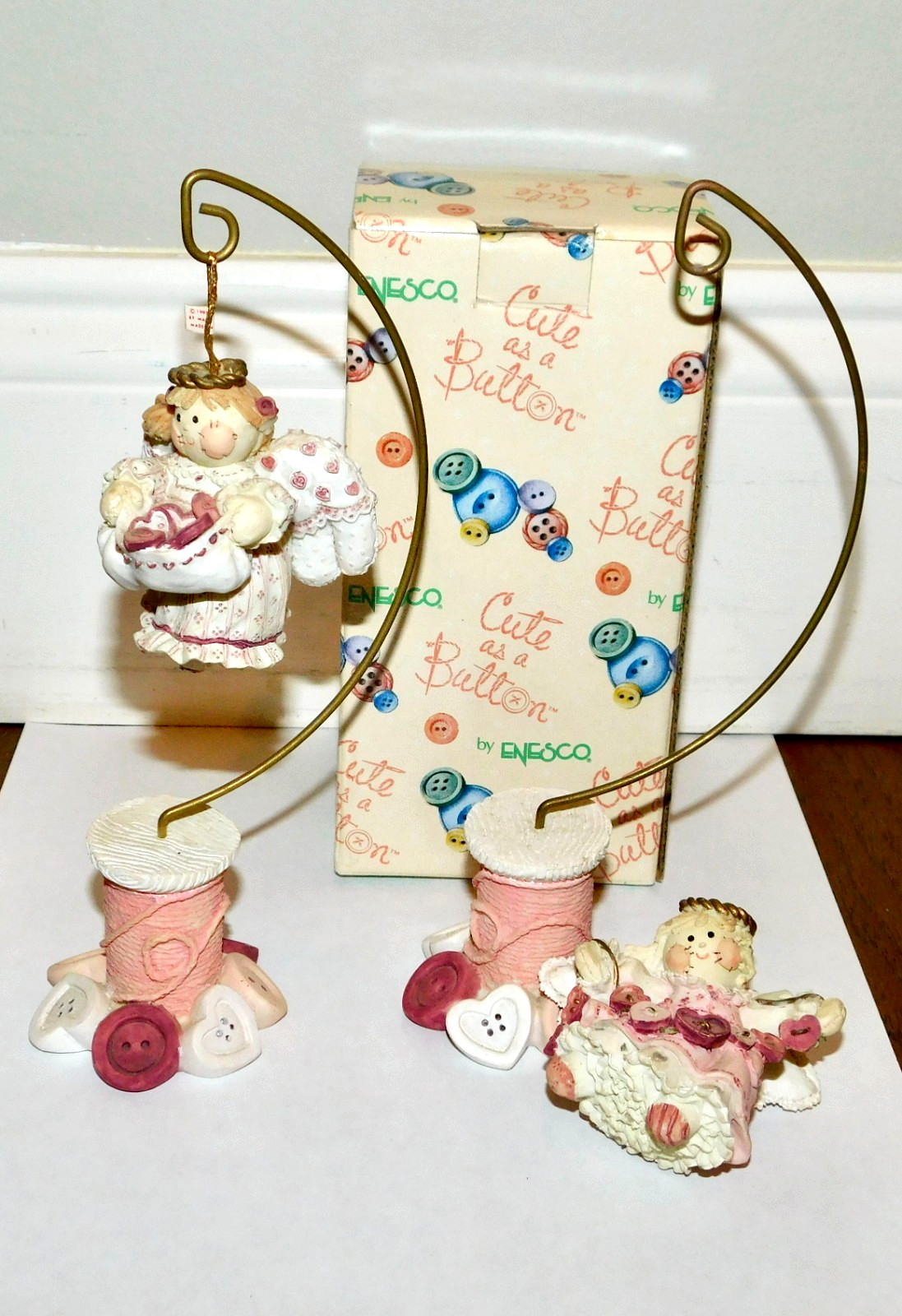 VINTAGE Lot 2 Enesco Cute As A Button Flying Angel Ornaments w/Spool Stand Box VINTAGE Lot 2 Enesco Cute As A Button Flying Angel Ornaments w/Spool Stand Box