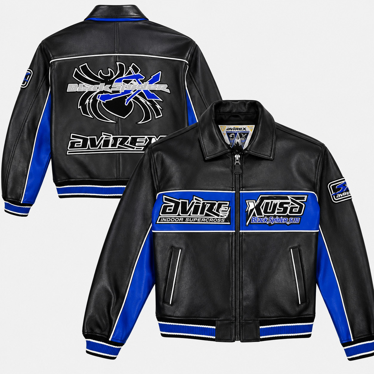 Avirex Men’s Black Blue Spider Racer Leather Jacket – New with Tags, All Sizes Avirex Men’s Black Blue Spider Racer Leather Jacket – New with Tags, All Sizes