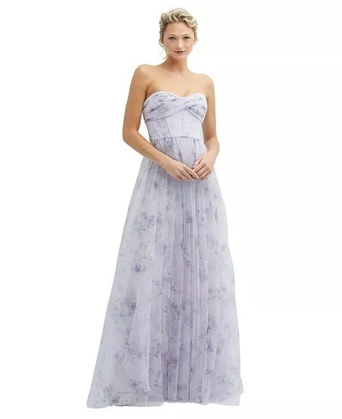 Dessy Collection Floral Strapless Corset lilac Tulle gown maxi Dress size 6 NWOT