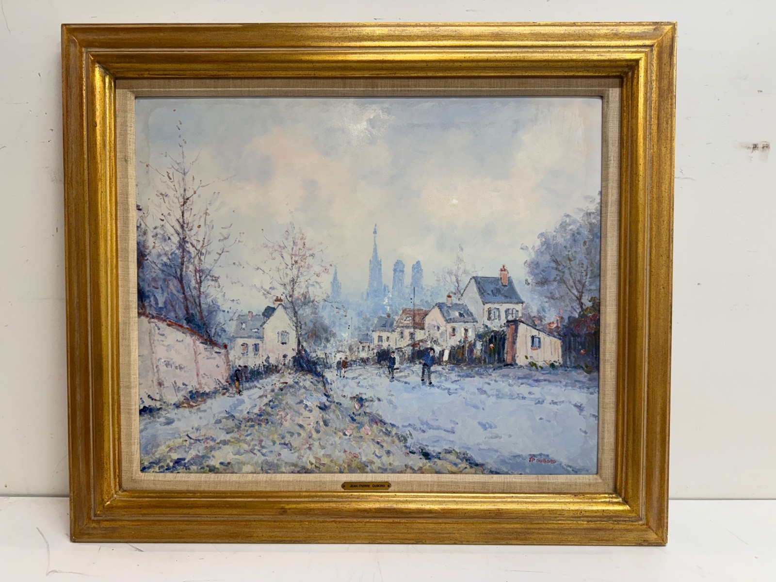 Jean Pierre Dubord Original Oil Painting Winter Street Scene Gilt Frame Signed