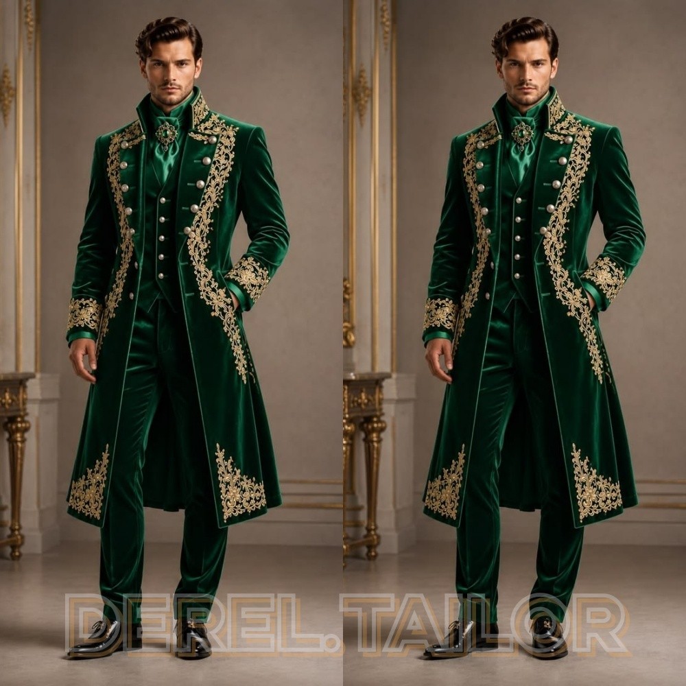 Gold Embroidery Velvet Men Suit Royal Frock Coat 3 Pcs Suit Wedding Prince Prom