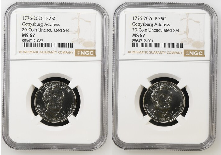 1776 2026 P & D Abraham Lincoln Gettysburg Address Quarter 25c NGC MS 67 2 coins 1776 2026 P & D Abraham Lincoln Gettysburg Address Quarter 25c NGC MS 67 2 coins