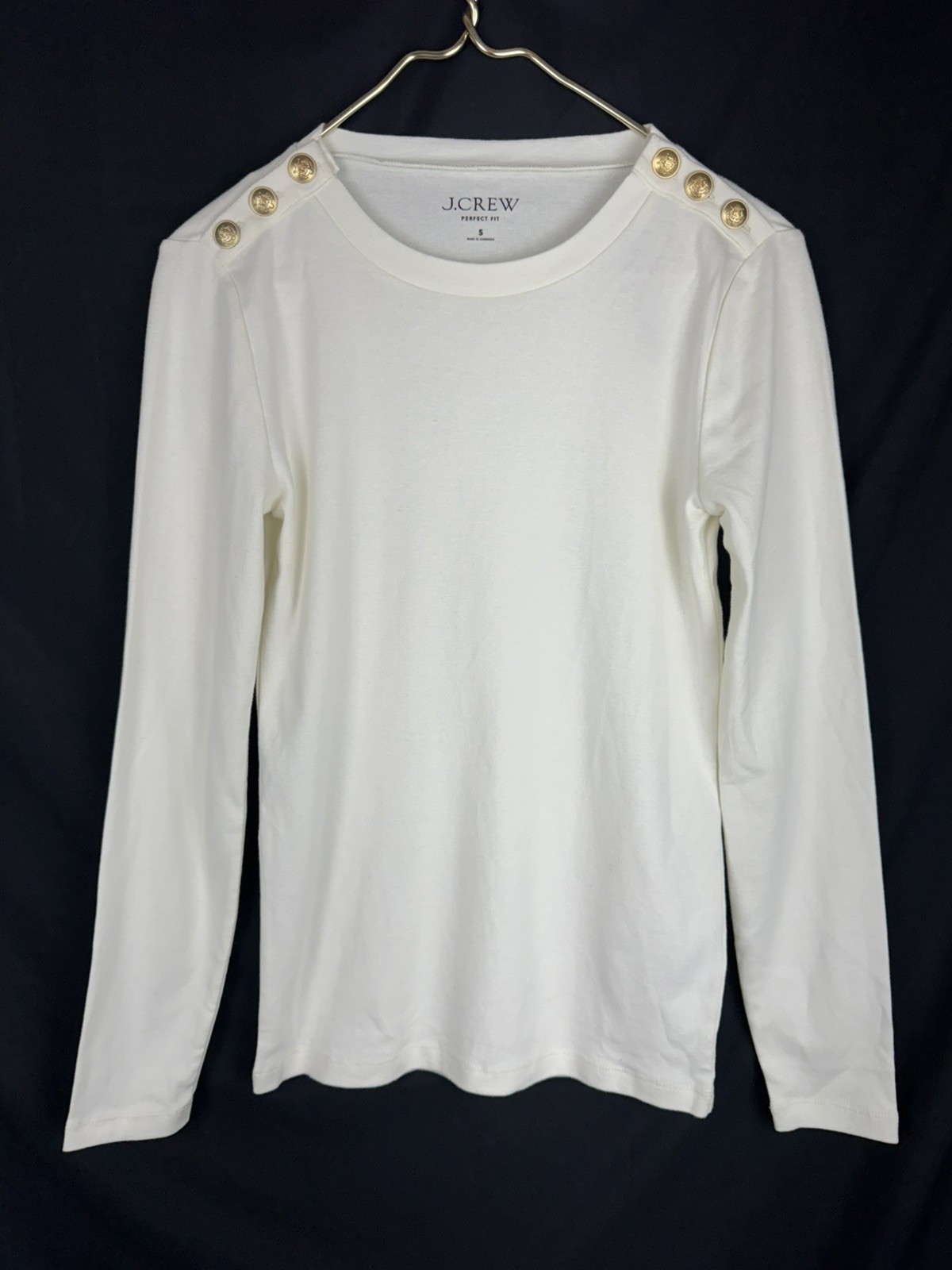 J.Crew Perfect Fit Long Sleeve T-Shirt Small S White Ivory Gold Button Shoulder