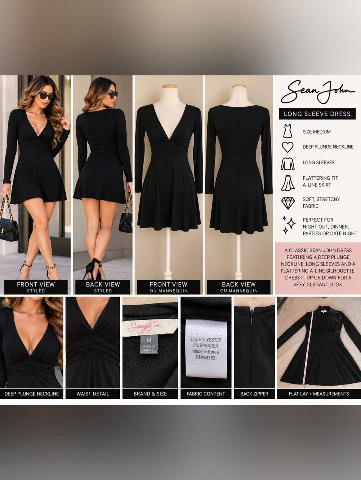 Sean John Black Deep Plunge Long Sleeve Dress Size M