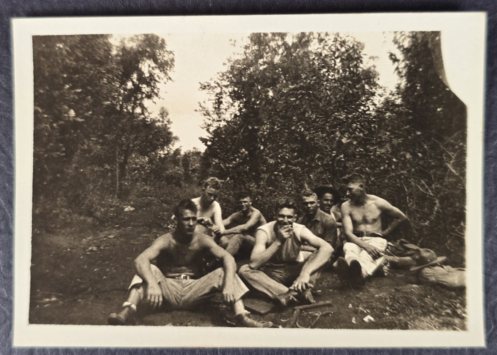 Original Vintage Snapshot Group of Shirtless Men Beefcake Camping Inscribed