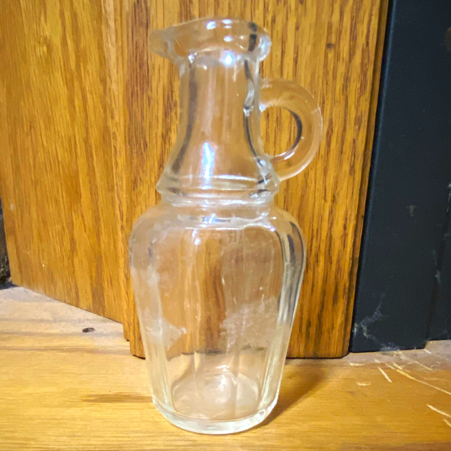 Clear Glass Cruet Bottle with Handle & Pour Spout, Solid Pattern antique Clear Glass Cruet Bottle with Handle & Pour Spout, Solid Pattern antique