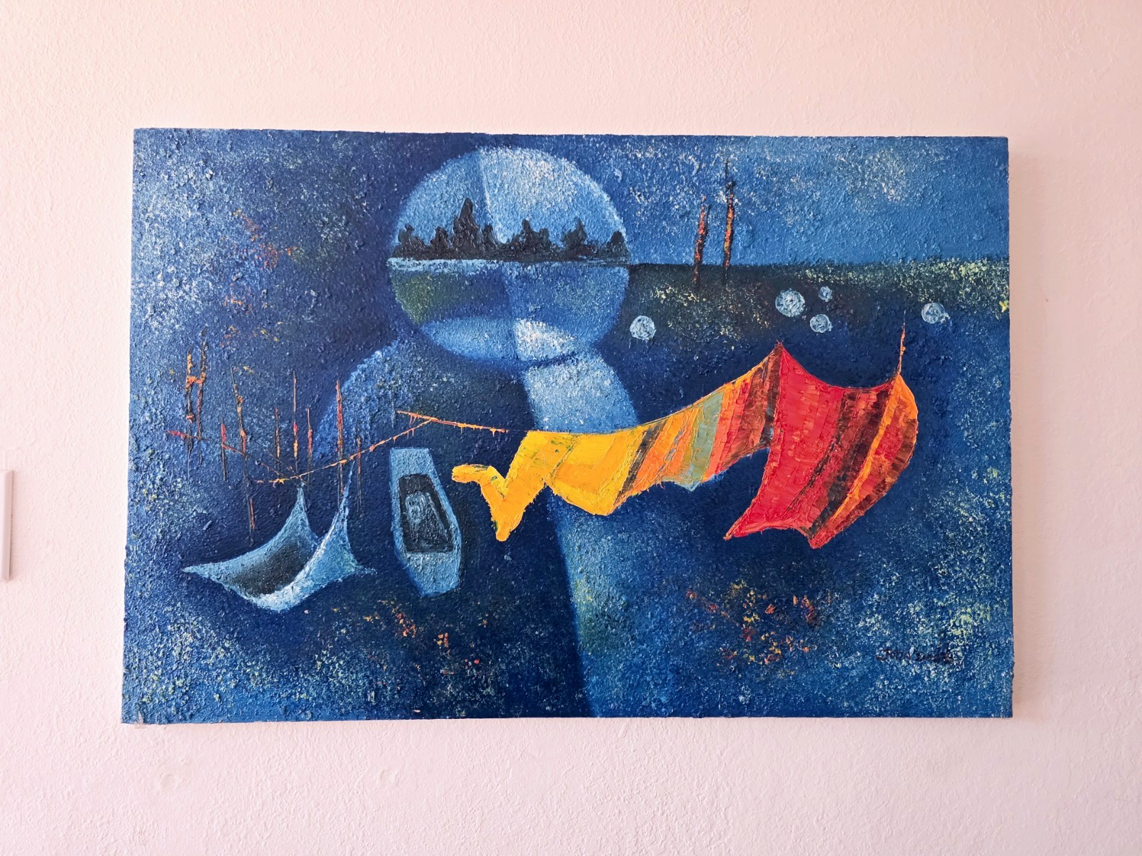 Vintage 1970s John Dodd Signed Abstract Harbor Boat Painting 24x36 Acrylic