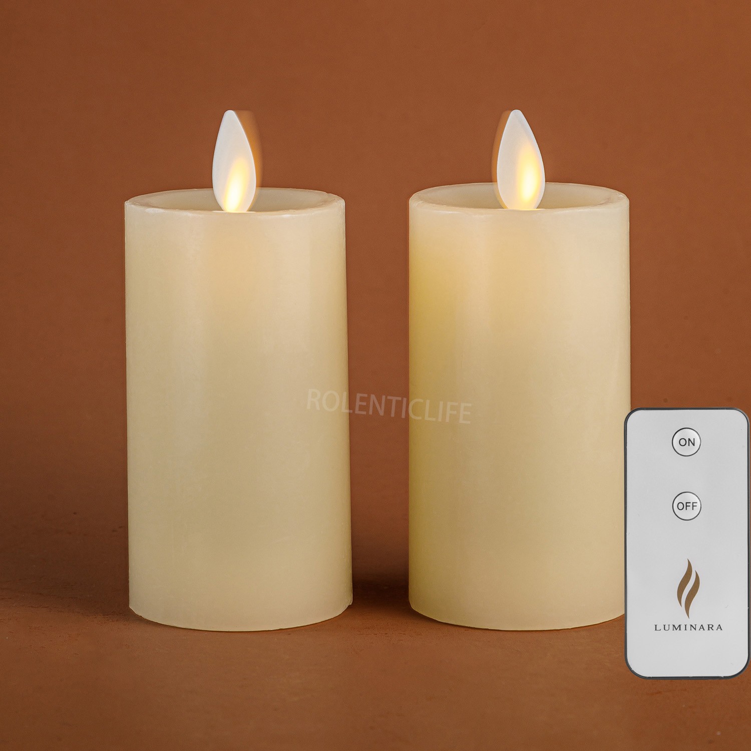 Luminara Flameless Pillar Wax Battery Candles with Remote Moving Flame Ivory 2PC