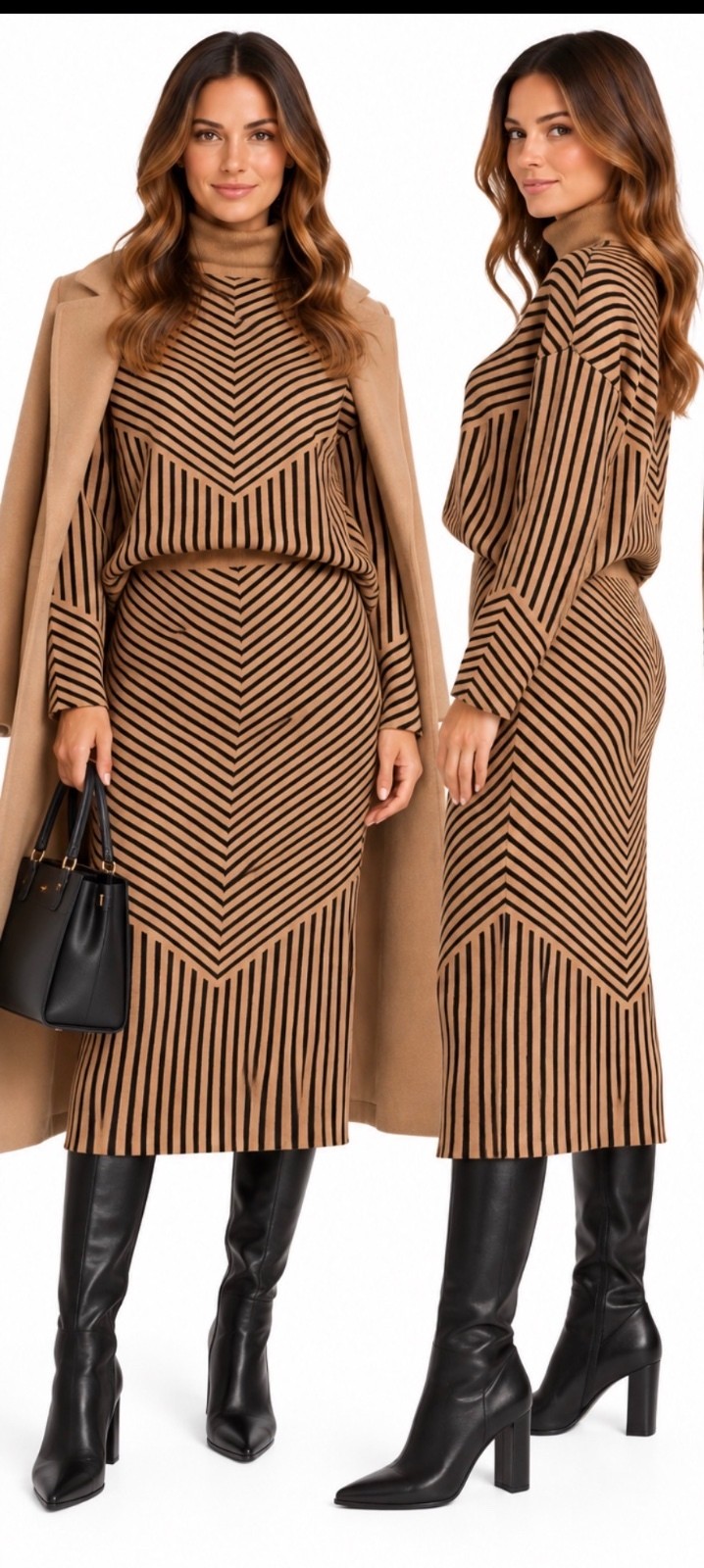 Rachel Zoe Two-Piece Striped Sweater Top and Midi Skirt Set in Beige and Black,