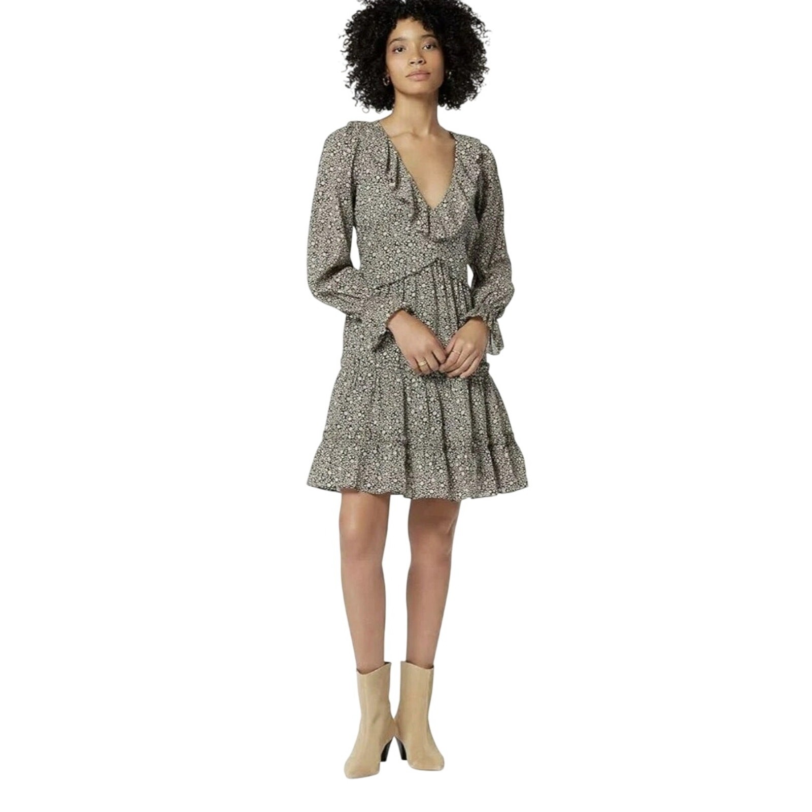 Joie NWT Adanson V-Neck Floral Long Sleeve Mini in Caviar Bleached Sand Size 8 Joie NWT Adanson V-Neck Floral Long Sleeve Mini in Caviar Bleached Sand Size 8
