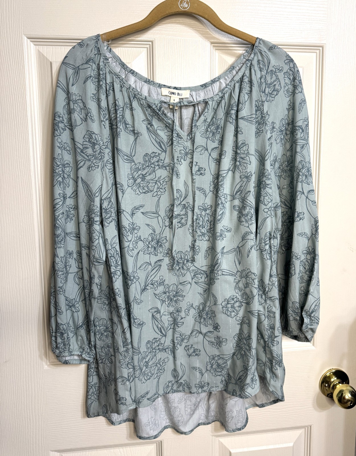 NWT Como Blu Size L Green Floral Print Long Sleeve Peasant Tie Neck Blouse Top NWT Como Blu Size L Green Floral Print Long Sleeve Peasant Tie Neck Blouse Top