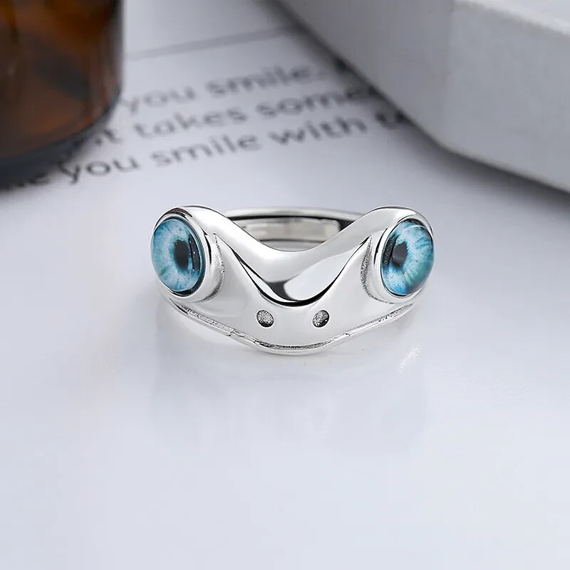 Cute Frog Blue Eye Silver Ring, Adjustable Size, Toad, Fun Cute Frog Blue Eye Silver Ring, Adjustable Size, Toad, Fun