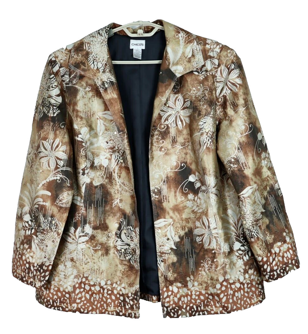 NEW CHICO\'S Women\'s Silk Polyester Long Sleeve Jacket Blouse Geometric Size 2 L