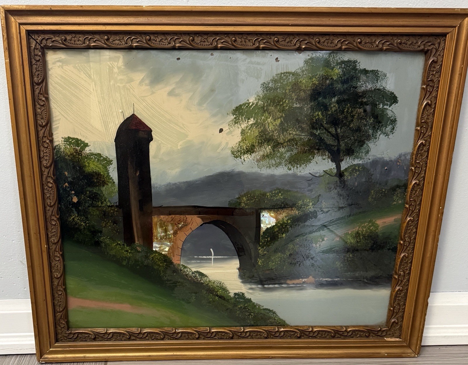Antique 19th C  Verre Eglomise Reverse Glass Painting Landscape Gilt Frame 23x19