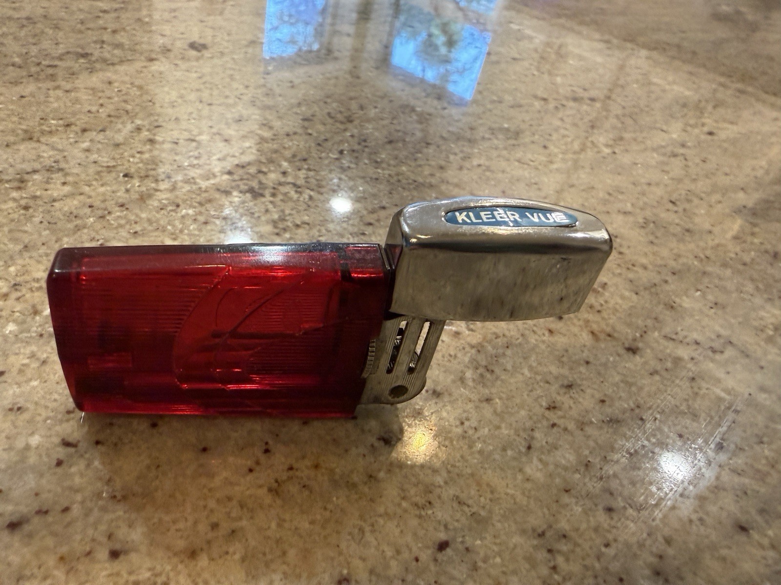Vintage Kleer Vue Red Transparent Butane Pocket Lighter Chrome Top Retro