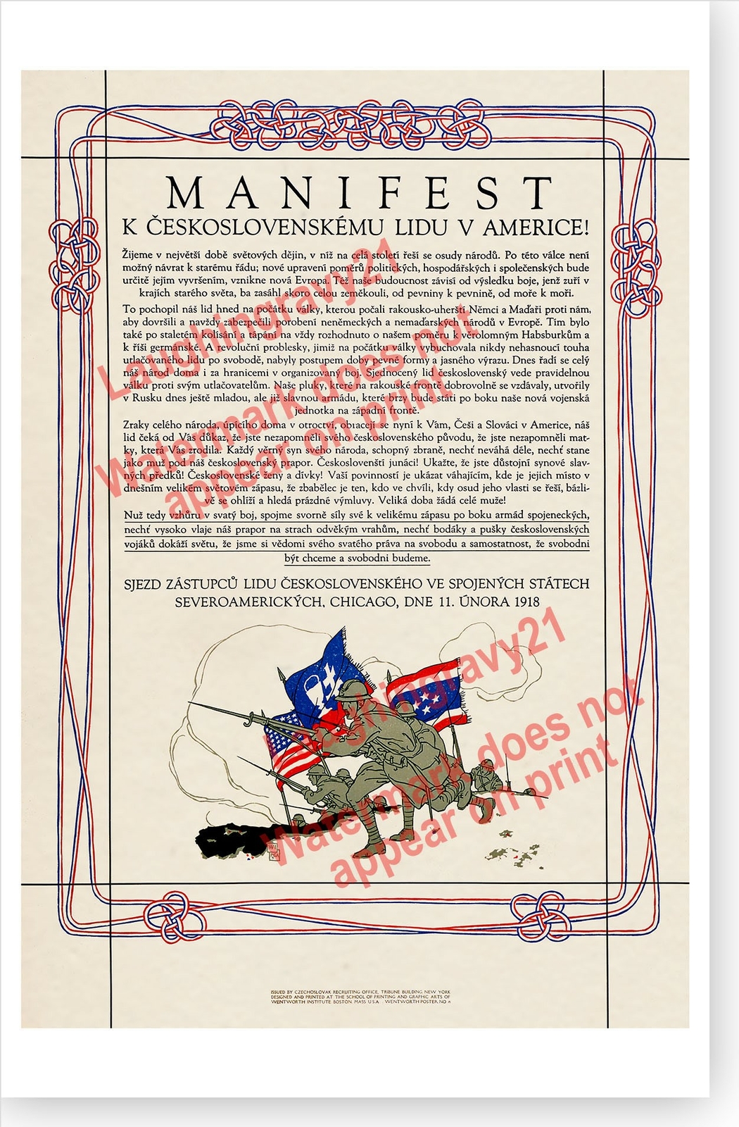 WWI Czechoslovak People Manifesto Czech Legion Recruitment Poster