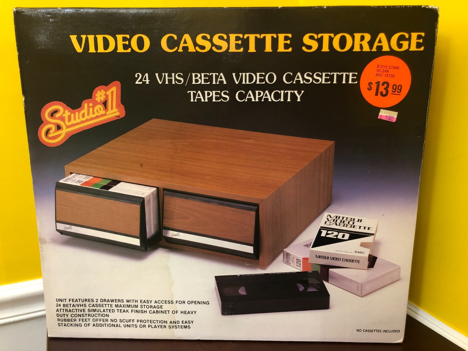 Vintage Studio #1 Wood Grain Video Cassette Storage Holds 24 VHS/Beta NIB