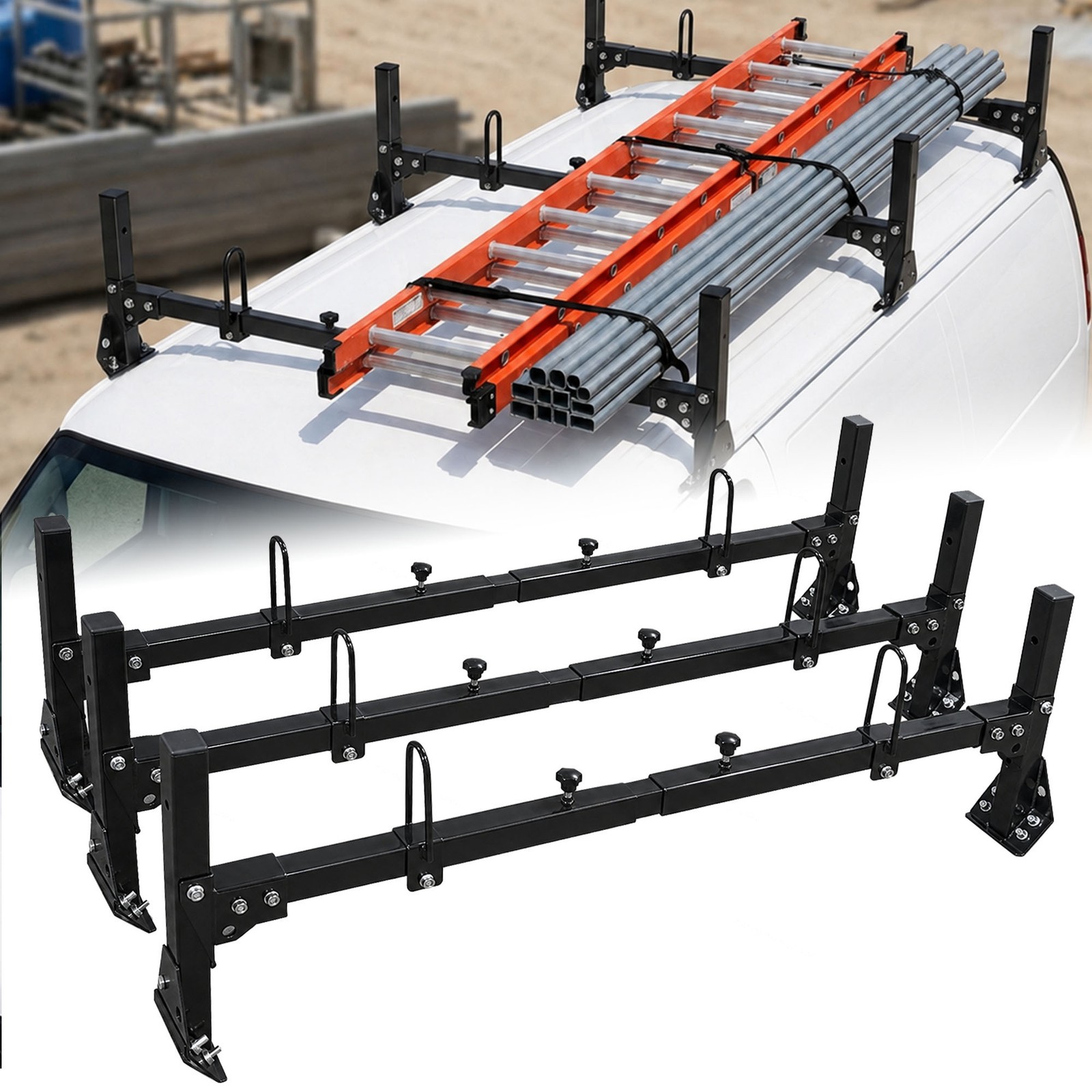 3 bar Ladder Cargo Roof Racks Steel 500Ib Black Fit For 92-15 Ford Econoline Van