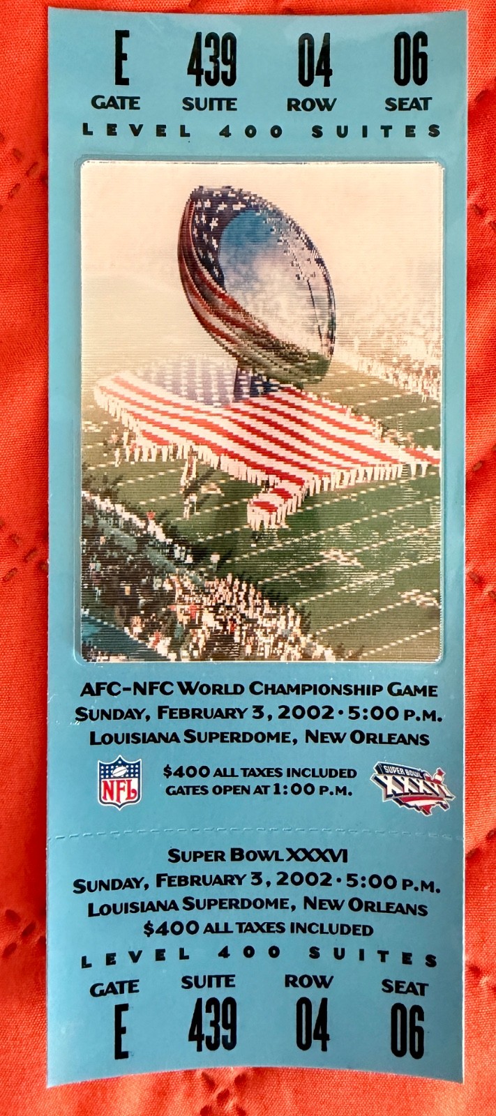 2002 SUPER BOWL XXXVI-FULL-UNUSED-AUTHENTIC TICKETS -WITH RUBBER BAND MARK- RARE