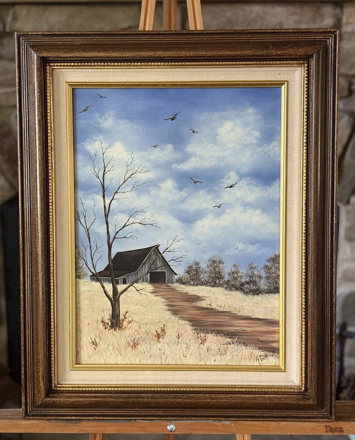 Original Vintage Oil by Cindy Abel Framed Signed Americana Barn Landscape 17x21”